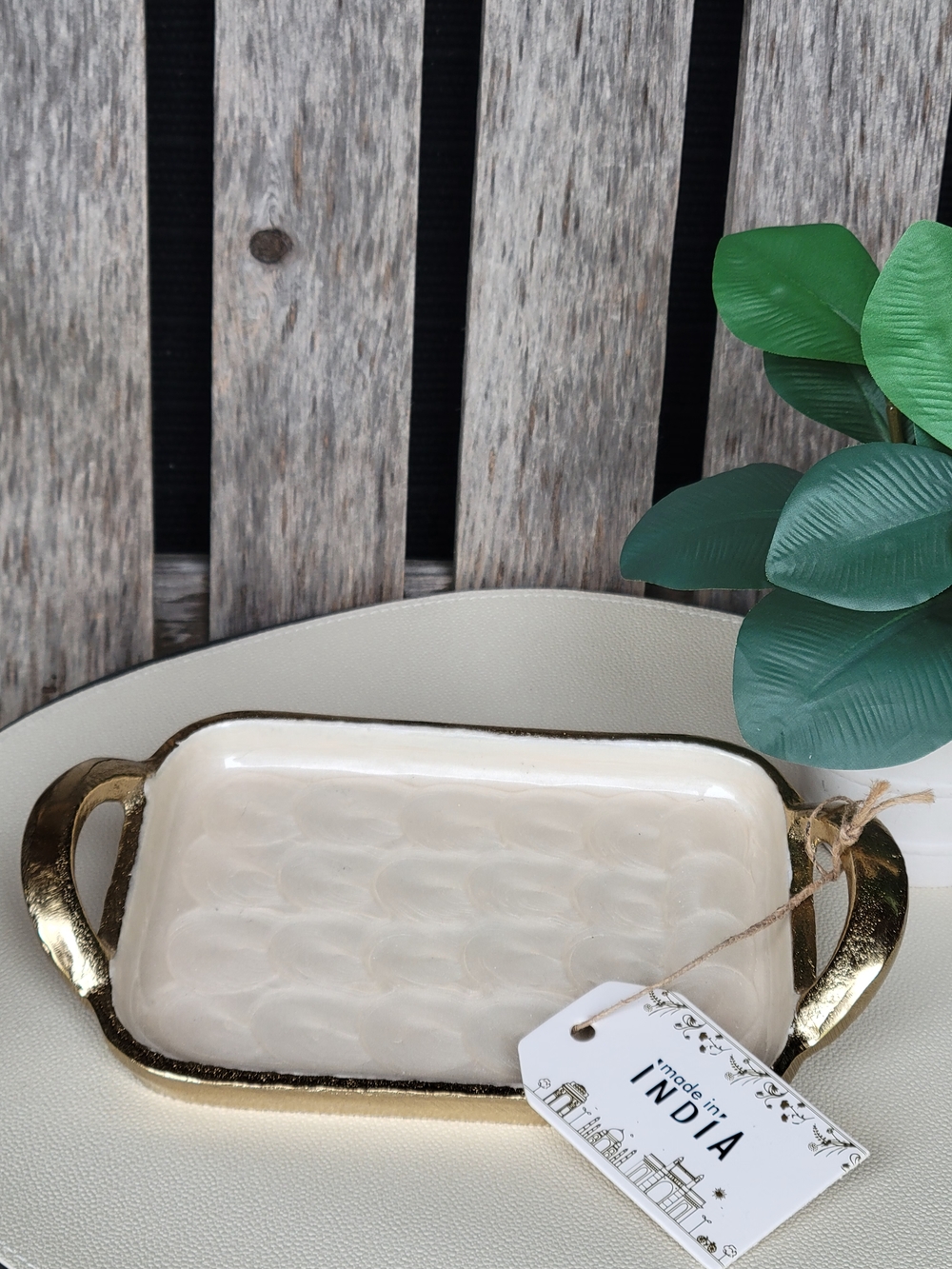 Made in India Cream Scalloped Glazed Ceramic Tray with Gold Handles